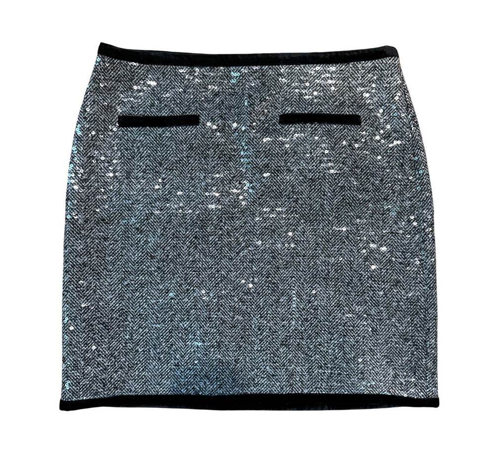 Talbots Sequin Herringbone Skirt Womens 10 Gray Black Velvet Trim NWT Lined